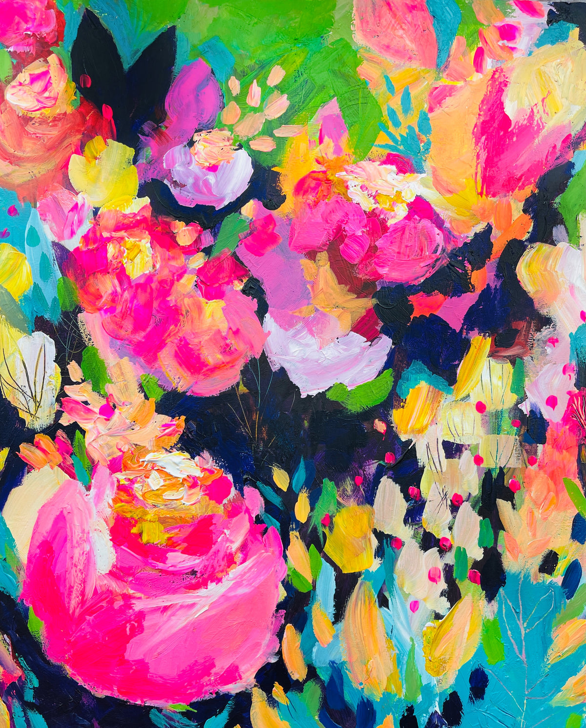 Pink Blooms - Original Painting on Wood Panel - 16 x 20"