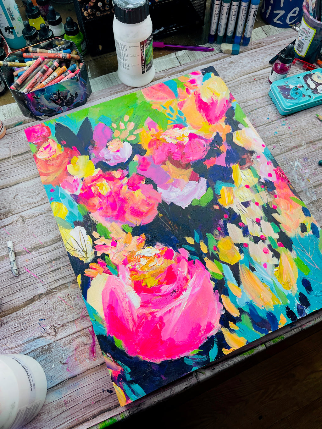 Pink Blooms - Original Painting on Wood Panel - 16 x 20"